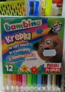 KREDKI BAMBINO W OPRAWIE DREWNIANEJ Z TEMPERÓWKĄ 12 KOLORÓW W TYM ZŁOTA I SREBRNA