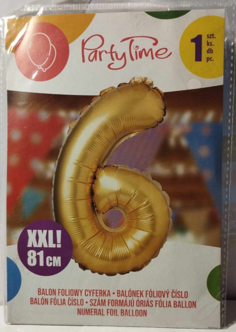 PARTY TIME - BALON FOLIOWY NA HEL CYFRA "6", 81cm. ZŁOTY