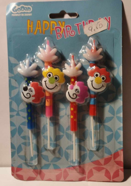 ŚWIECZKI URODZINOWE KOLOROWE KLAUNY, 4 SZTUKI, 11CM.