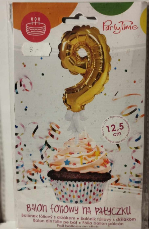 BALON FOLIOWY CYFRA NA TORT, BABECZKĘ, ZŁOTY 12,5cm NA PATYCZKU