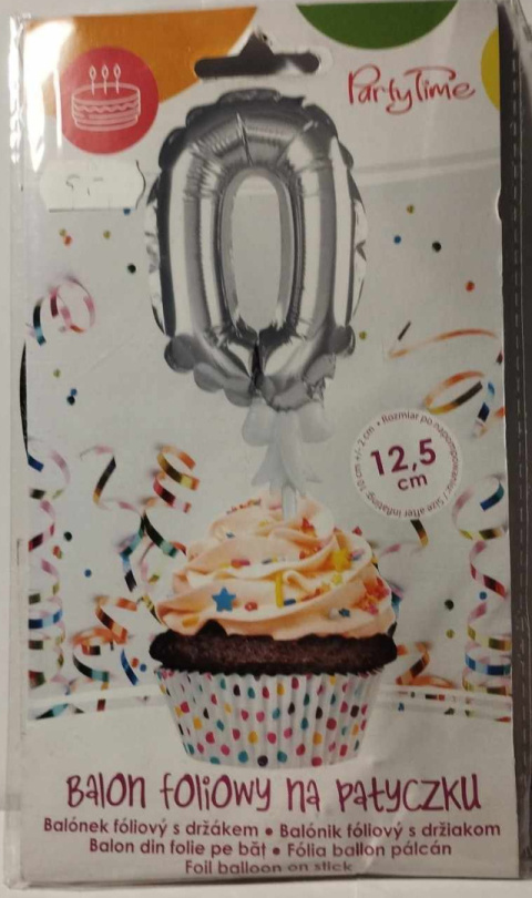 BALON FOLIOWY CYFRA NA TORT, BABECZKĘ SREBRNY 12,5cm NA PATYCZKU