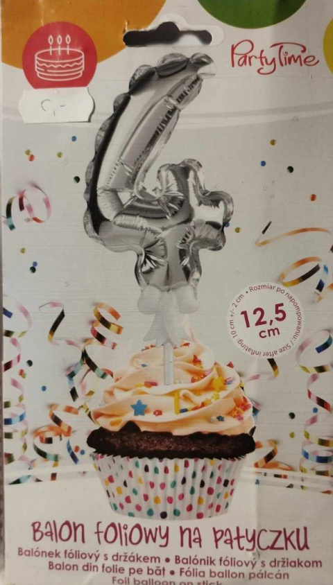 BALON FOLIOWY CYFRA NA TORT, BABECZKĘ SREBRNY 12,5cm NA PATYCZKU