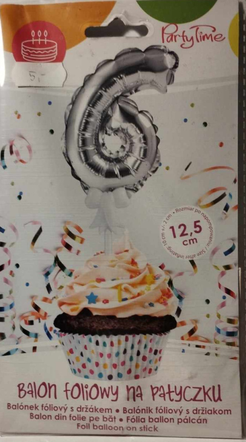 BALON FOLIOWY CYFRA NA TORT, BABECZKĘ SREBRNY 12,5cm NA PATYCZKU