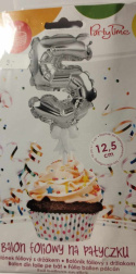 BALON FOLIOWY CYFRA NA TORT, BABECZKĘ SREBRNY 12,5cm NA PATYCZKU