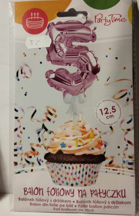 BALON FOLIOWY CYFRA NA TORT, BABECZKĘ RÓŻOWY 12,5cm NA PATYCZKU