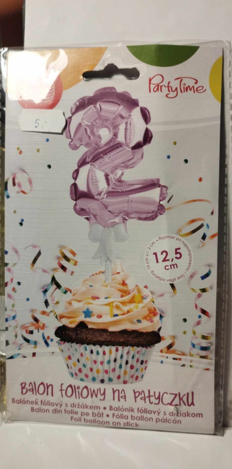 BALON FOLIOWY CYFRA NA TORT, BABECZKĘ RÓŻOWY 12,5cm NA PATYCZKU