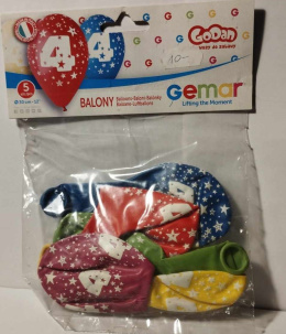 GEMAR - LATEKSOWE BALONY URODZINOWE Z CYFRĄ 4. ROZMIAR 12`` (30cm), kpl. 5 szt.