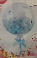 BALON TRANSPARENTNY, PRZEŹROCZYSTY Z KONFETTI NA PATYCZKU, 12,5CM.