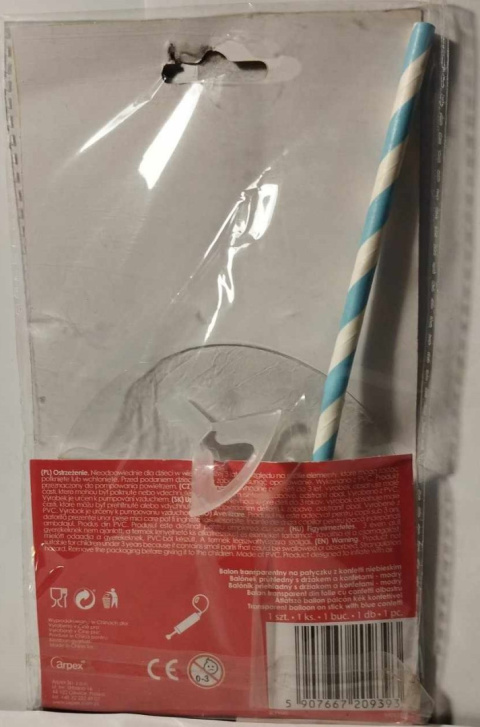 BALON TRANSPARENTNY, PRZEŹROCZYSTY Z KONFETTI NA PATYCZKU, 12,5CM.