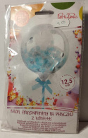 BALON TRANSPARENTNY, PRZEŹROCZYSTY Z KONFETTI NA PATYCZKU, 12,5CM.